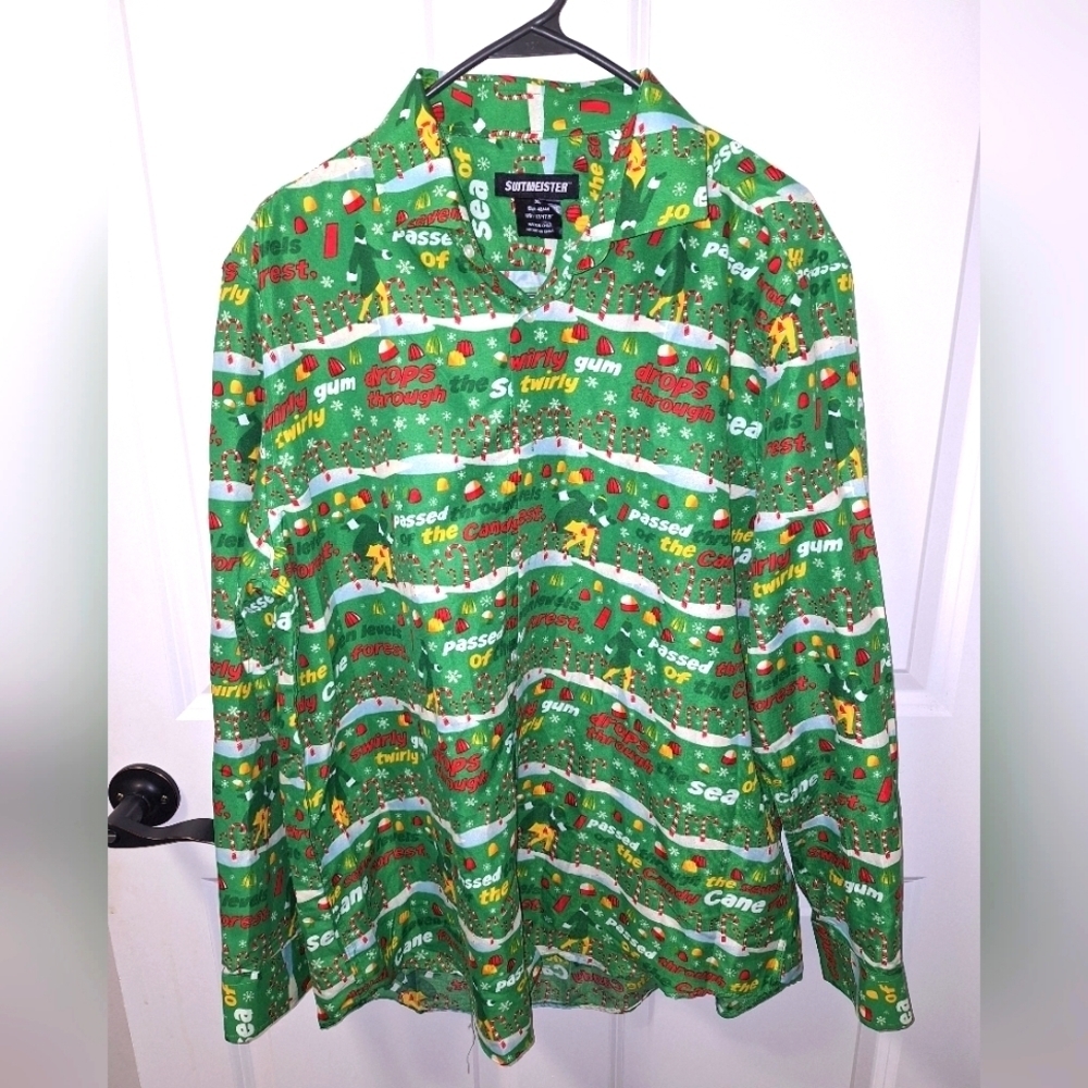 A Suitmeister men's XL long sleeve button-down ELF Christmas shirt.
